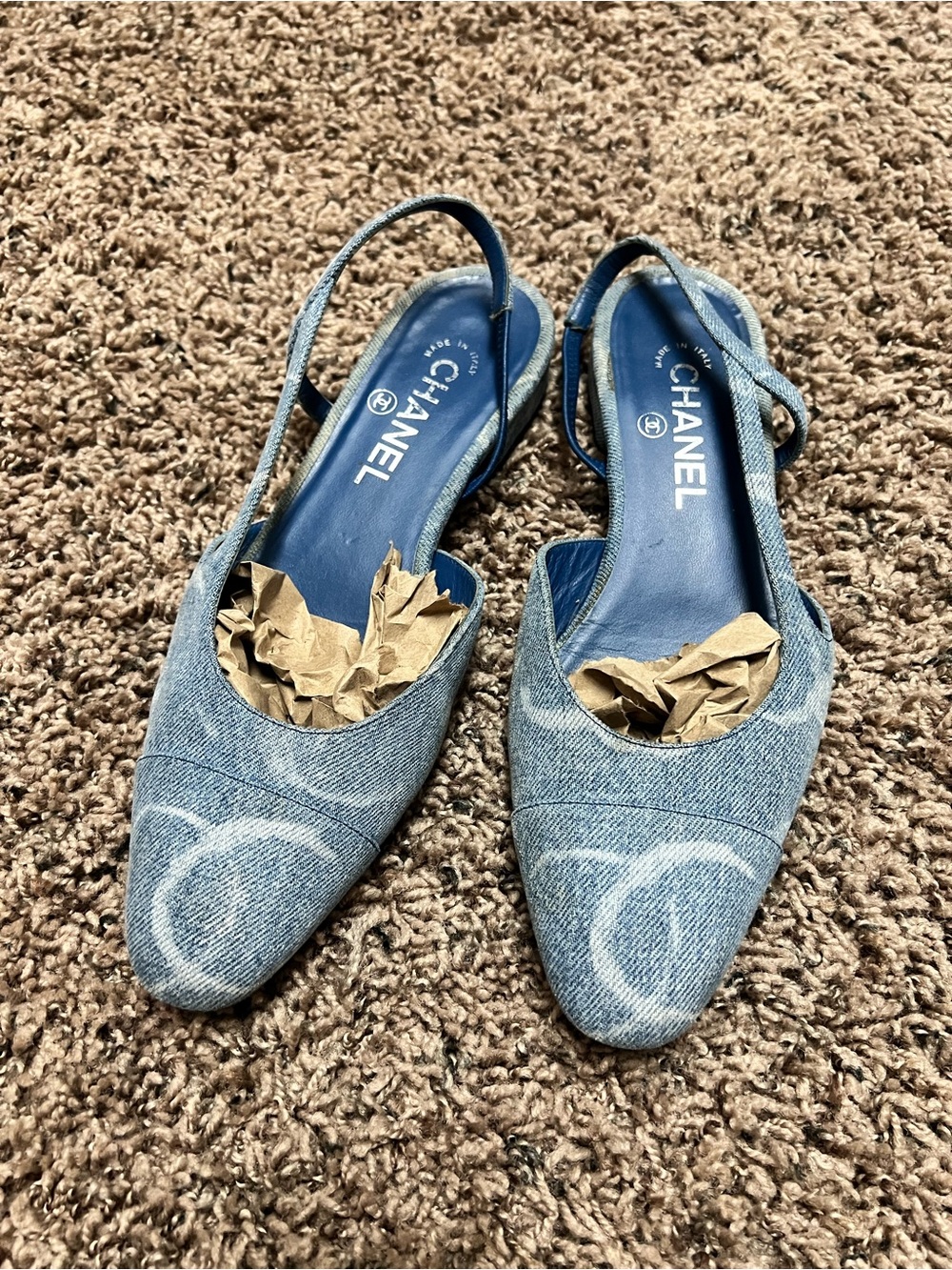 CHANEL Blue Denim Slingback Flats